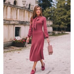 Gal Meets Glam Knit Pink Tie Neck Long Sleeve Sweater Dress Midi Medium Brianna